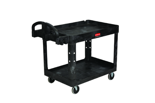 Rubbermaid BRUTE® Heavy Duty Ergo Handle Utility Cart, Lipped Shelf, Medium - Black